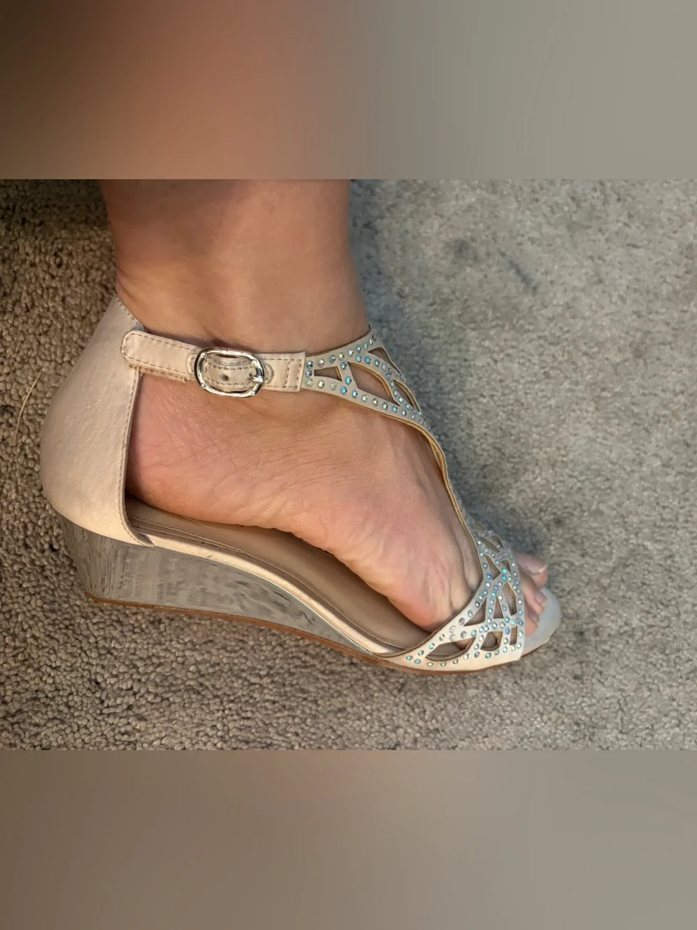 Vince Camuto Nude Crystal T‑Strap Wedge Sandals